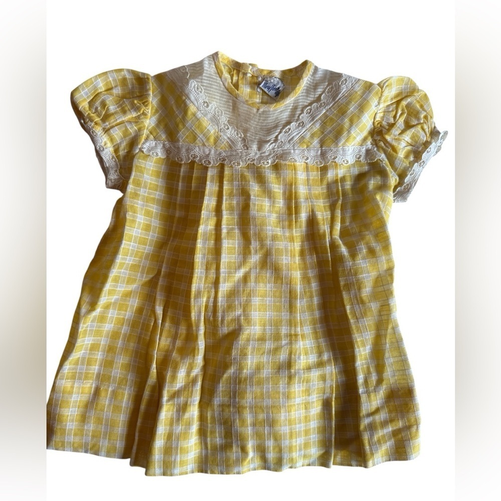 Mary Jane Baby Girl Gingham Yellow and Lace Vintage Dress 12 Months READ